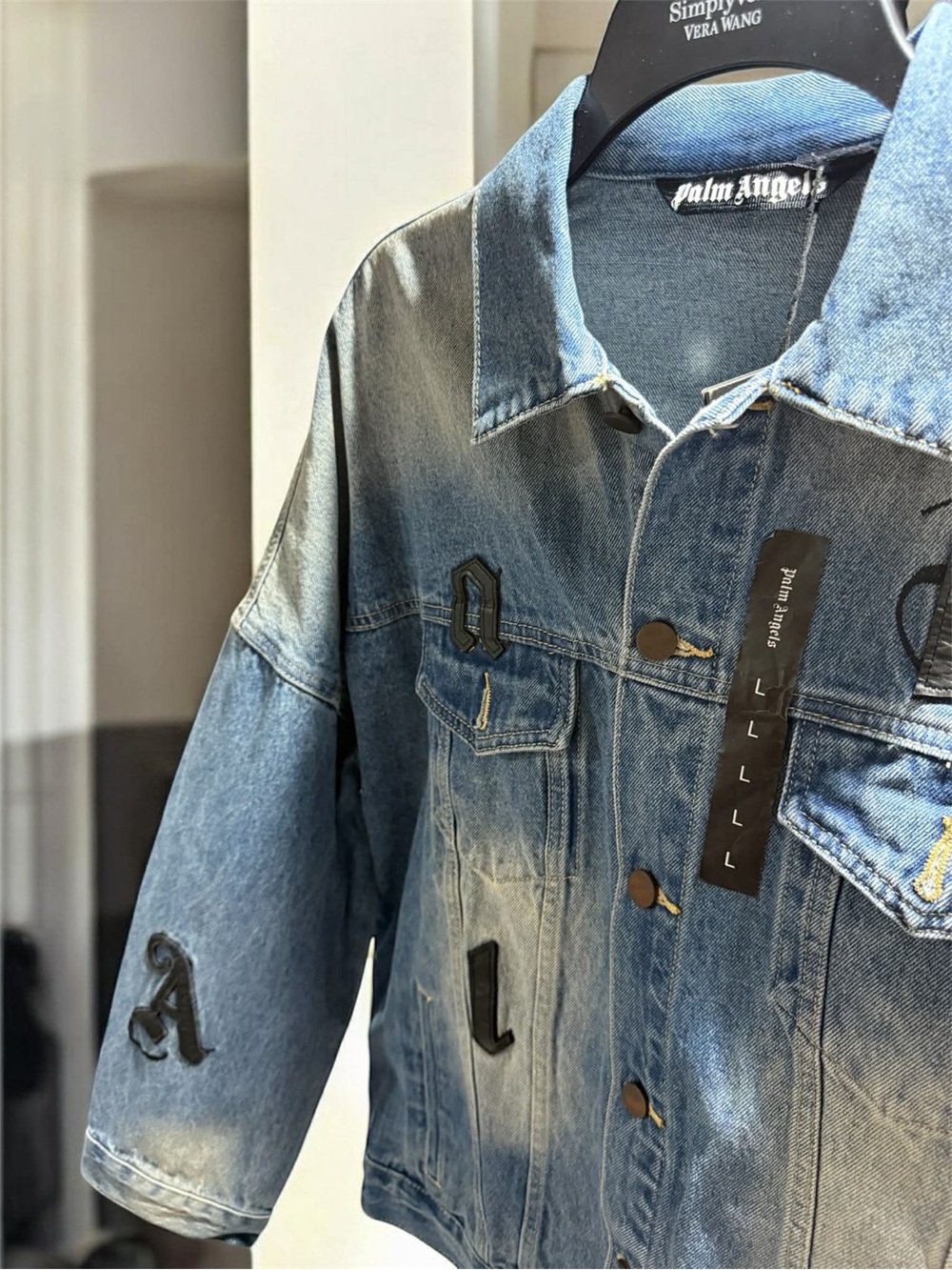 Palm Angels Blue Washed Denim Jacket with Black Patch Details
